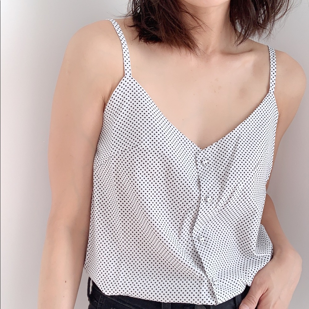 WHITE V NECK BUTTON CAMISOLE -  BLACK POLKADOTS